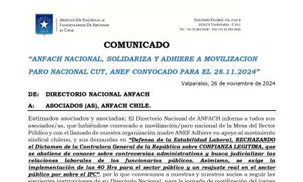 ANFACH NACIONAL,SOLIDARIZA Y ADHIERE A MOVILIZACION PARO NACIONAL CUT, ANEF CONVOCADO PARA EL 28.11.2024