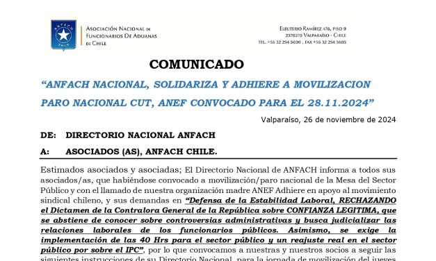 ANFACH NACIONAL,SOLIDARIZA Y ADHIERE A MOVILIZACION PARO NACIONAL CUT, ANEF CONVOCADO PARA EL 28.11.2024