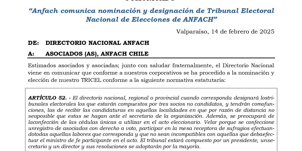 Anfach comunica nominación y designación de Tribunal Electoral Nacional de Elecciones de ANFACH
